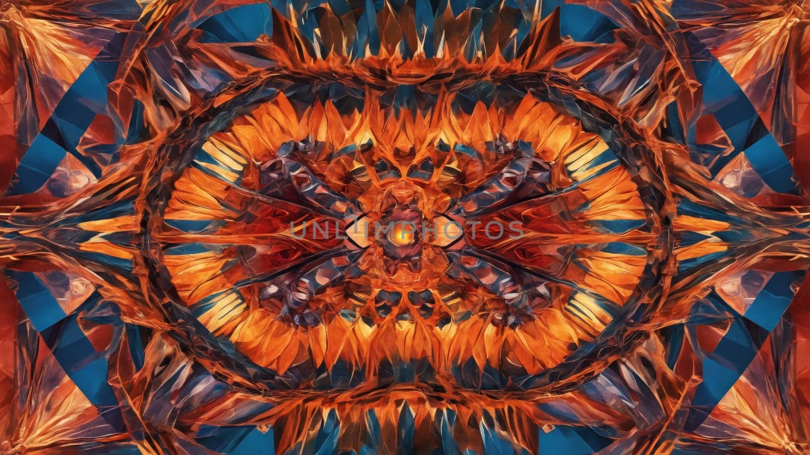 An explosion of swirling colors and shapes forms a captivating abstract design. Fiery reds, oranges, and deep blues blend harmoniously, creating a mesmerizing visual experience.