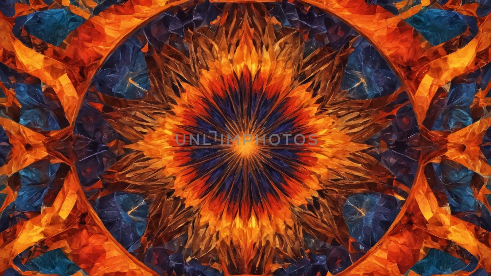 An explosion of swirling colors and shapes forms a captivating abstract design. Fiery reds, oranges, and deep blues blend harmoniously, creating a mesmerizing visual experience.