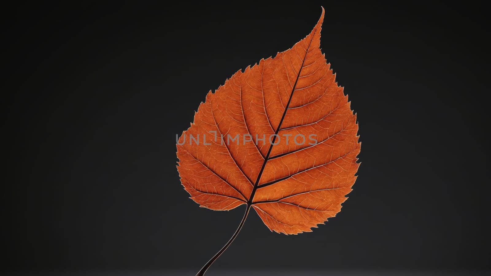 A vibrant orange leaf floats mid-air, showcasing its intricate veins and delicate shape, surrounded by a rich black background that accentuates its beauty and symbolizes the arrival of fall.