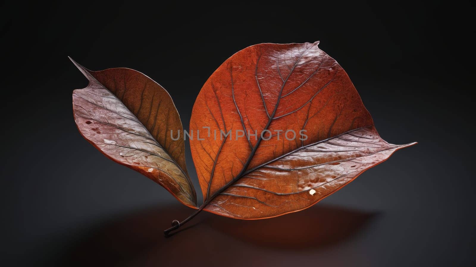 A pair of richly colored autumn leaves rests gracefully, their intricate veins and textures revealed under soft lighting, celebrating the beauty of nature's fleeting moments in a captivating display.