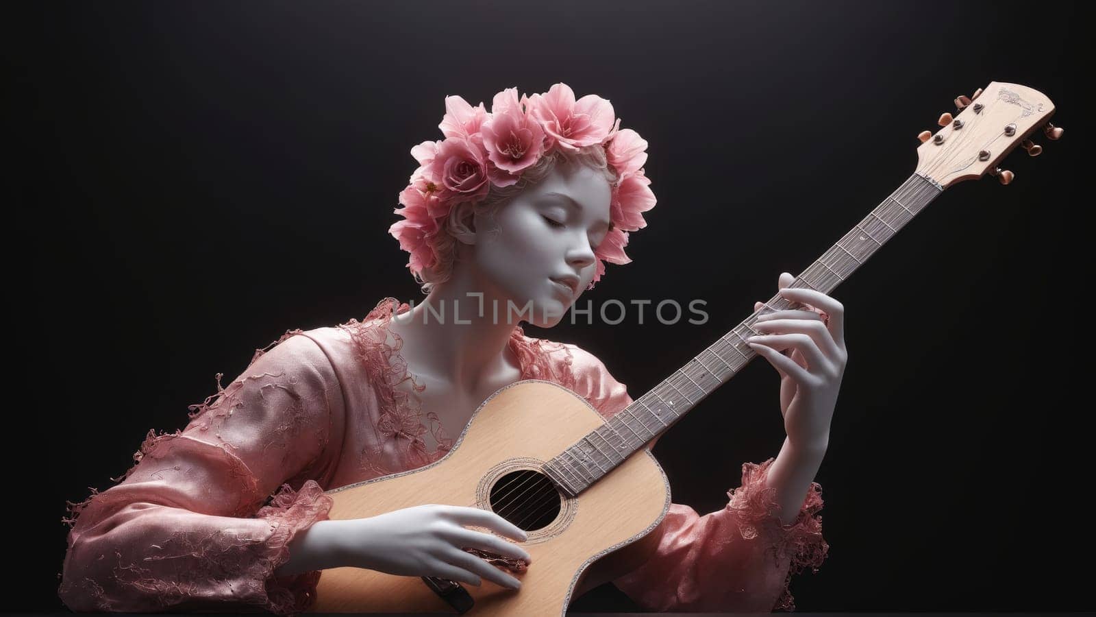 Bathed in soft light, a serene musician adorned with a crown of pink flowers passionately plays a guitar, the moment encapsulating artistry and tranquility in a darkened atmosphere.