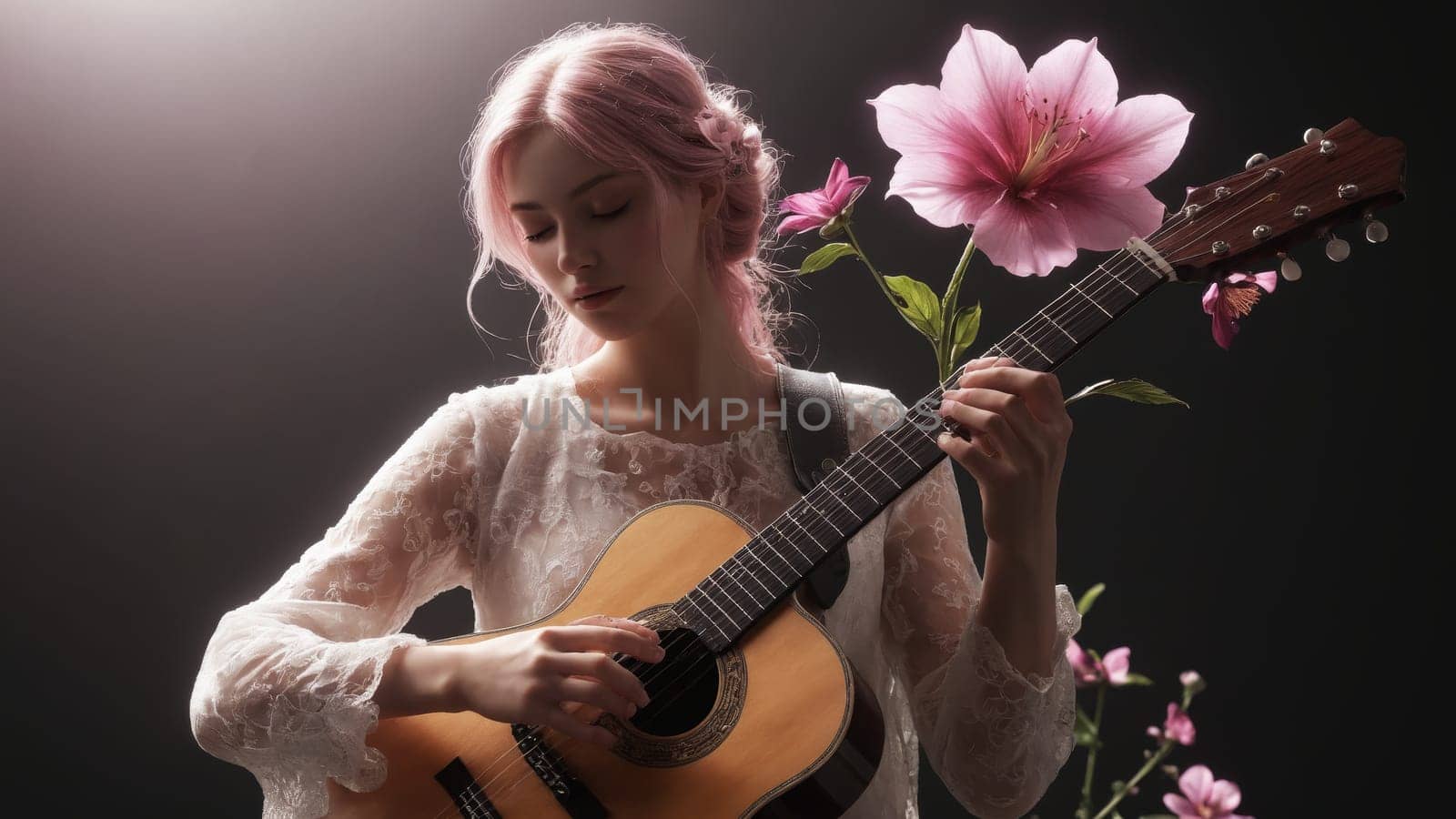 In a tranquil indoor setting, a young woman with pink hair strums her guitar, surrounded by delicate flowers. Her serene expression reflects deep focus and artistic passion.