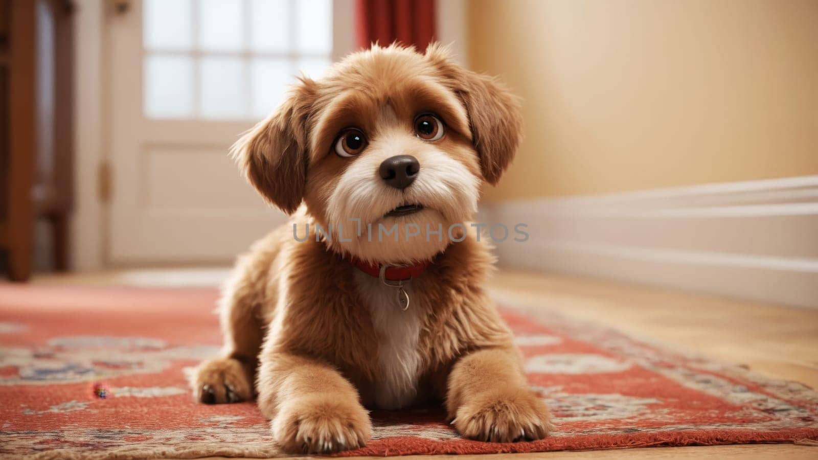 A fluffy, light brown puppy lies comfortably on a vibrant rug, gazing curiously with big expressive eyes, while a warm glow fills the inviting living room space.