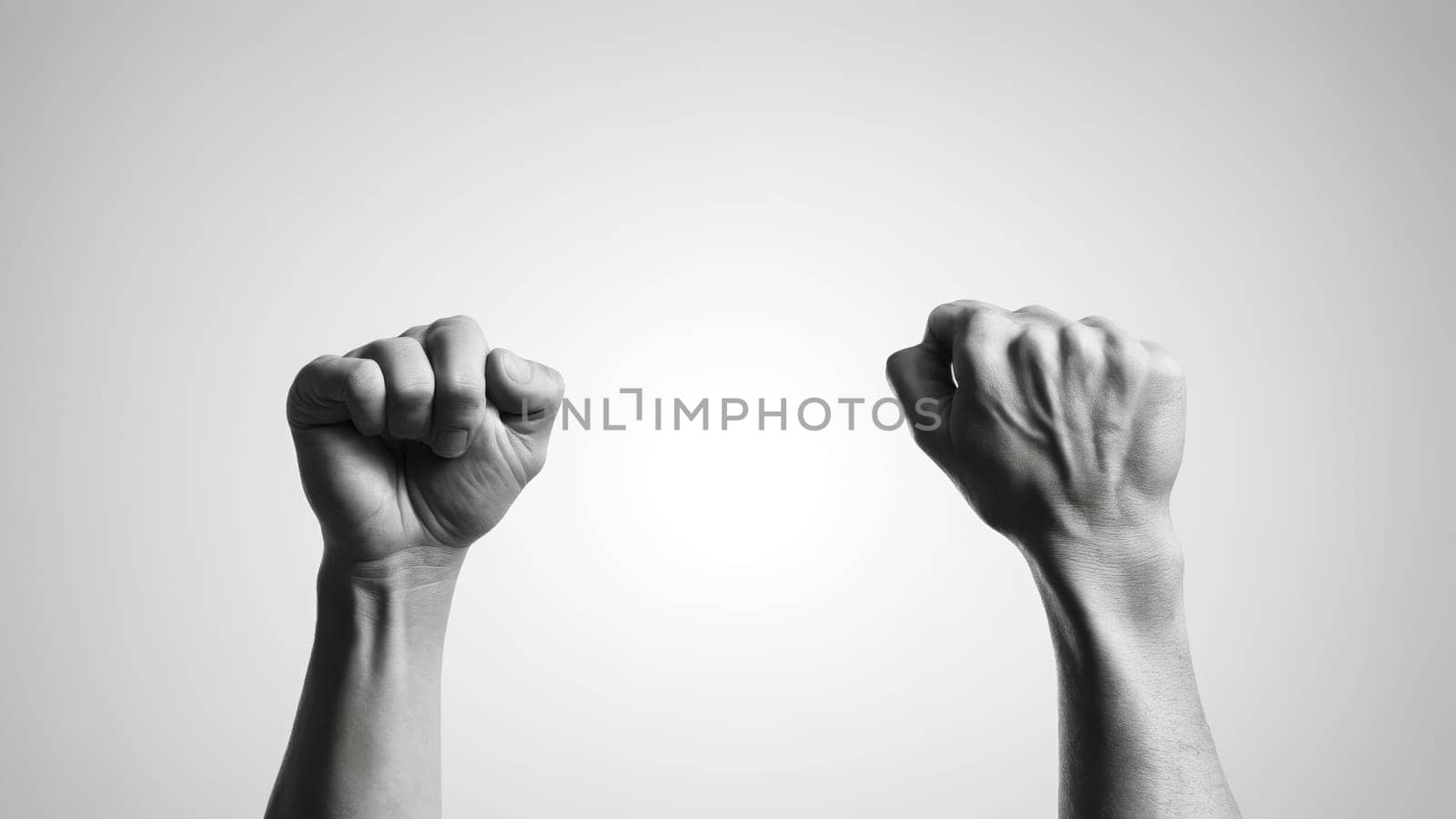 Two hands are uplifted with clenched fists, conveying a powerful message of victory and resilience. The focus draws attention to the strength of human spirit amid a minimalistic backdrop.