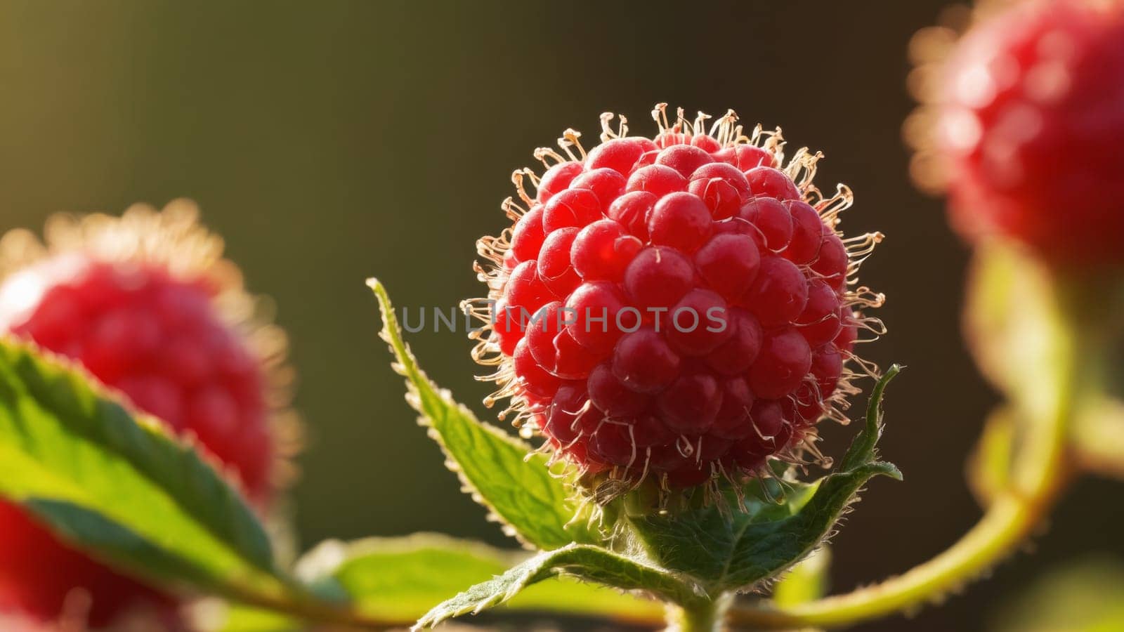 Juicy red raspberries are clustered together, glistening under the gentle sunlight. Their vibrant color and fresh appearance suggest a perfect harvest, ideal for sweet treats or smoothies.