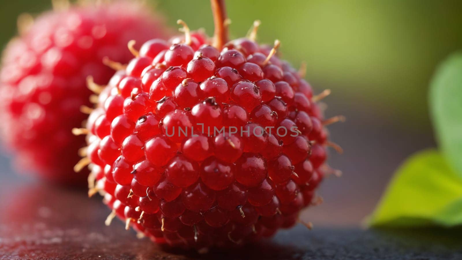 In a sunlit garden, gleaming red raspberries dangle from lush green foliage, showcasing nature's bounty on a warm summer day. Their vibrant color invites sweet indulgence.