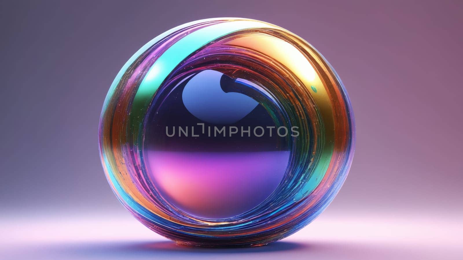 This stunning orb captivates with its iridescent hues, showcasing a blend of purple, blue, and orange tones. The soft lighting enhances its glossy surface, creating an enchanting visual experience.