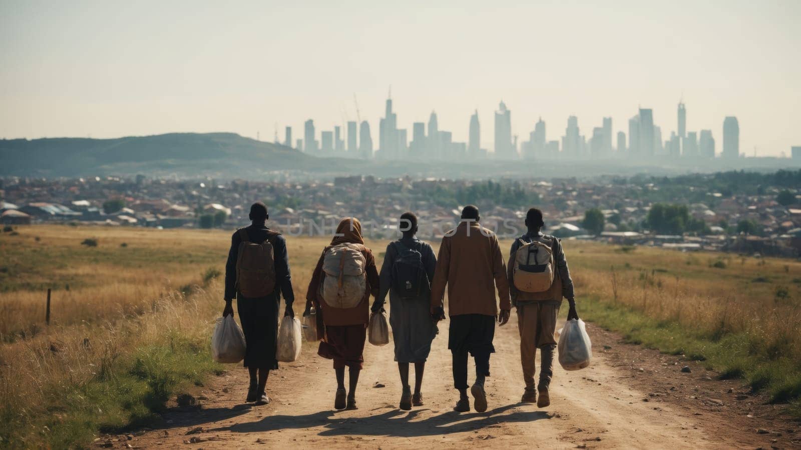 In the fading light of dusk, three individuals traverse a dirt path, each burdened with large bundles, as they approach a vibrant city skyline that glimmers in the distance.