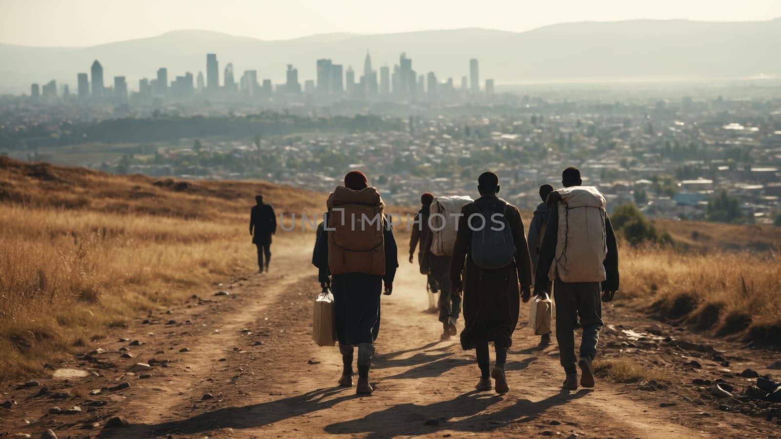 In the fading light of dusk, three individuals traverse a dirt path, each burdened with large bundles, as they approach a vibrant city skyline that glimmers in the distance.