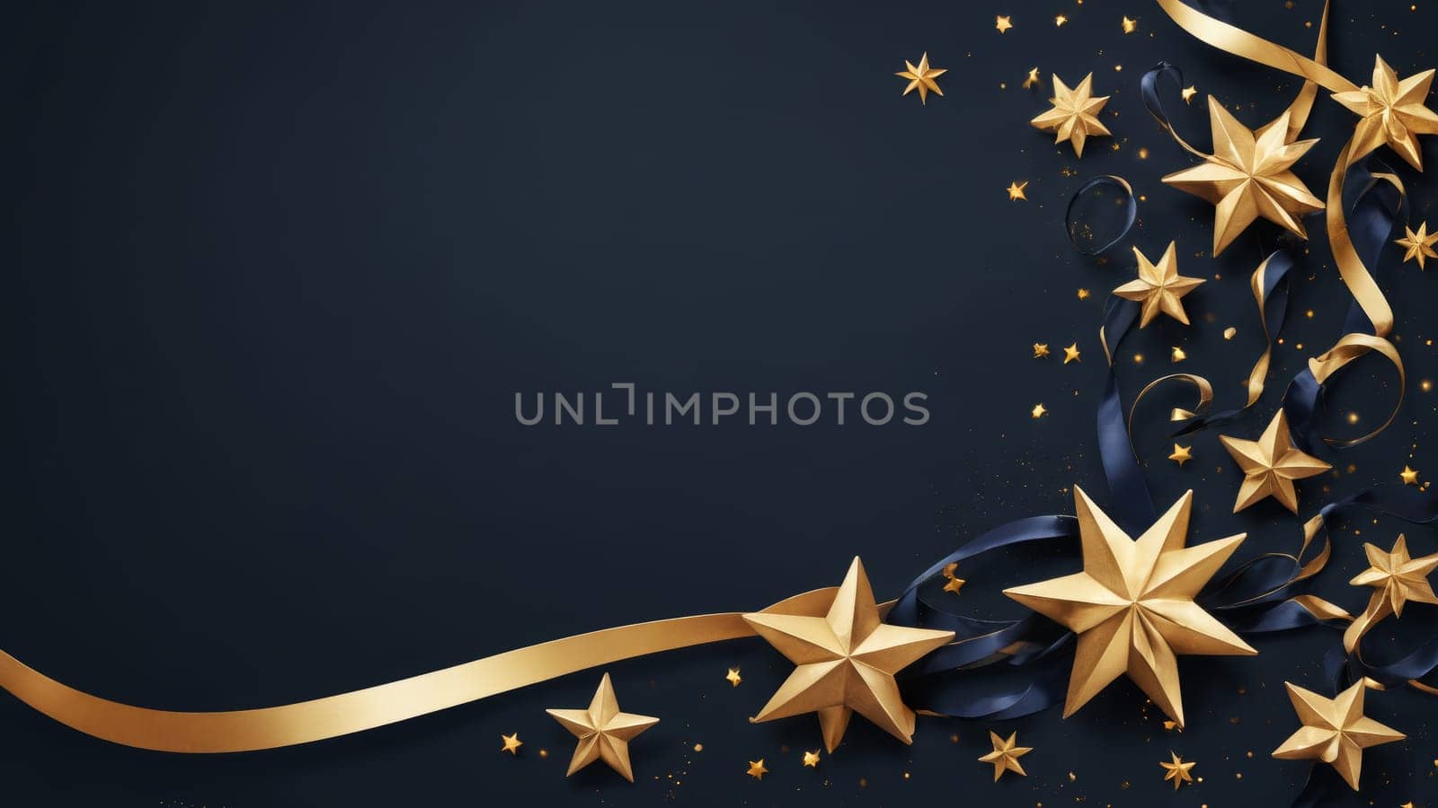 Glistening golden stars and flowing ribbons come together, forming an elegant display that adds a touch of magic to the dark backdrop, evoking a sense of celebration and joy.
