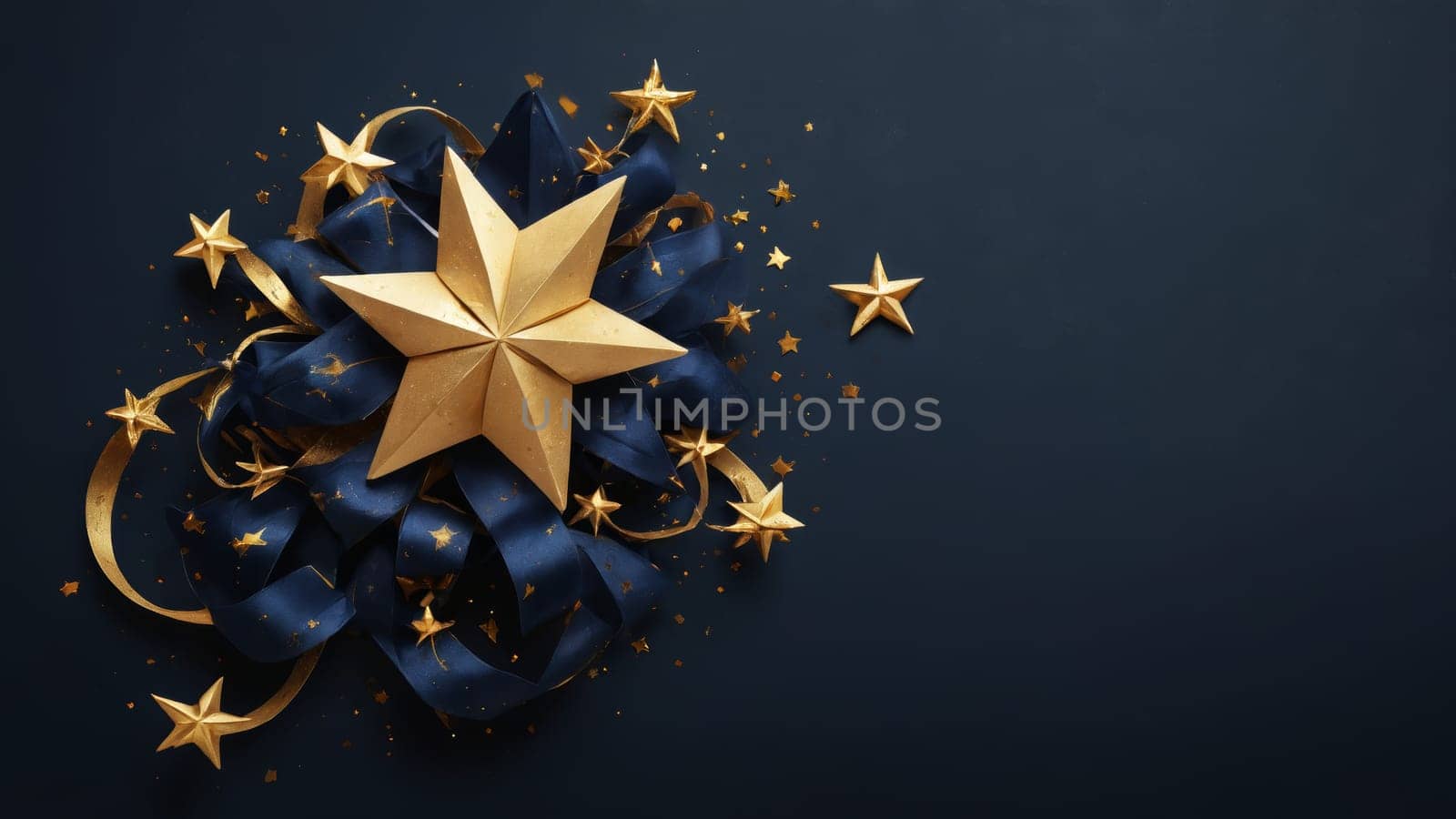 Golden stars, varying in size, shimmer against a deep navy backdrop, inviting a sense of wonder and elegance for festive occasions.