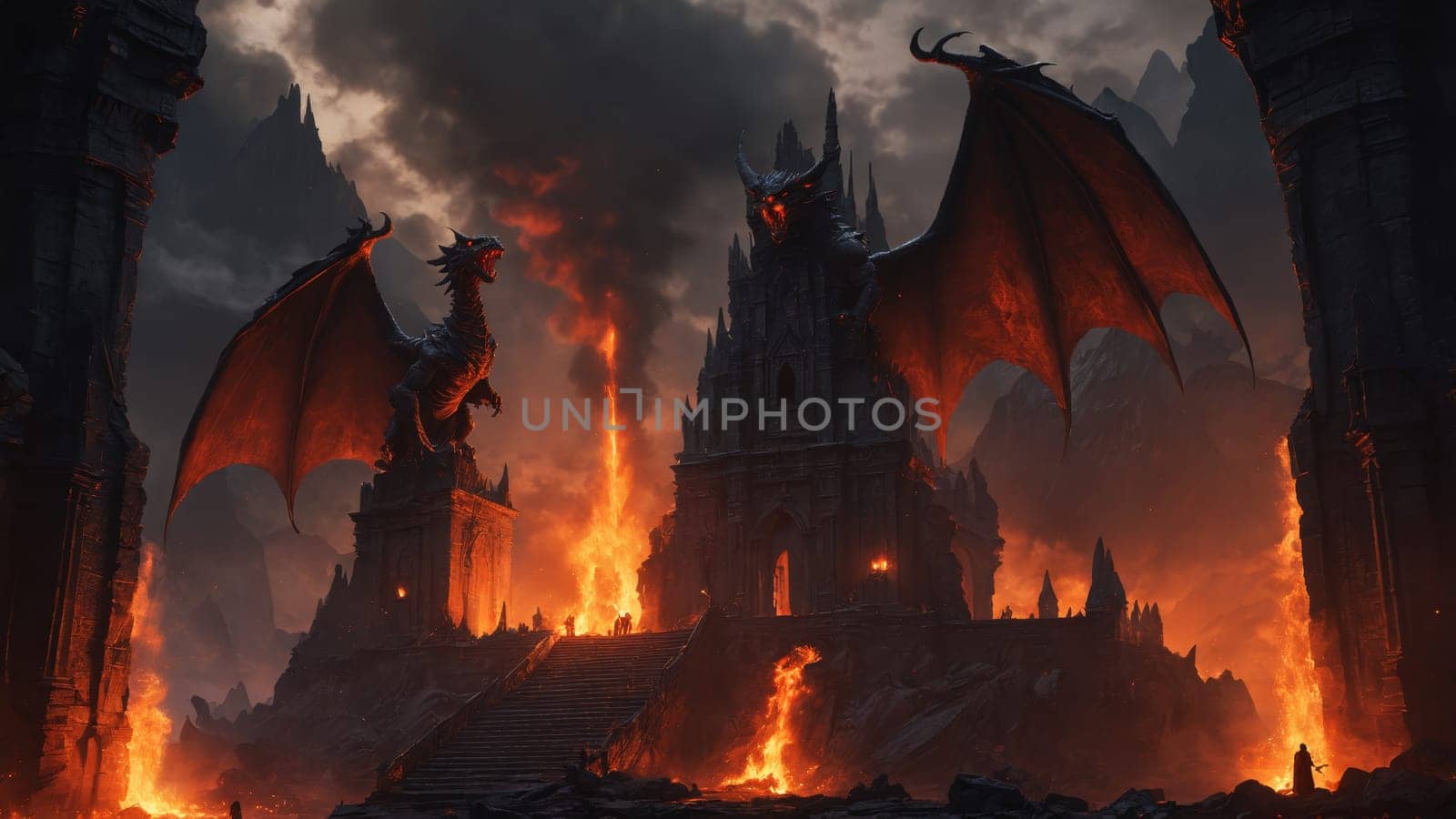Beneath a stormy sky, a menacing dragon takes flight above a towering castle engulfed in flames, creating an ominous atmosphere filled with power and mystery.