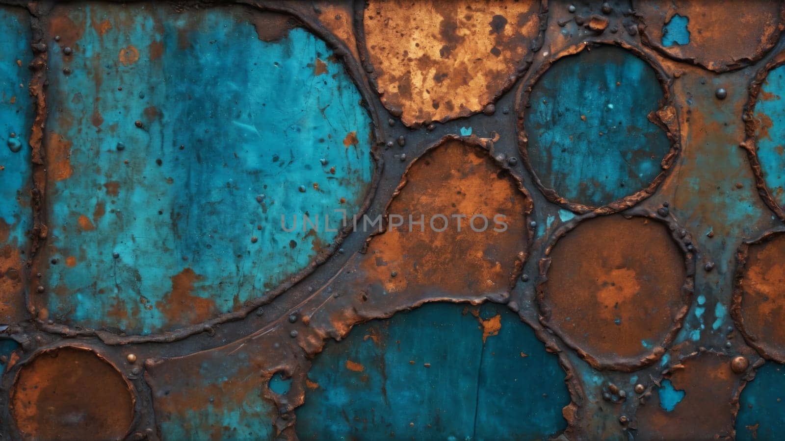 A striking mix of rust and vibrant turquoise on an old industrial wall creates a mesmerizing blend of colors that encapsulates history and beauty.