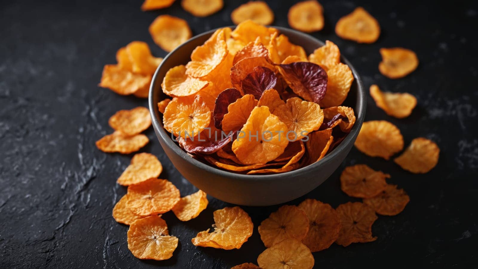 A bowl filled with vibrant dried fruit chips sits on a rustic dark surface, with scattered slices surrounding it, showcasing an inviting healthy snack that highlights the beauty of nature's colors.