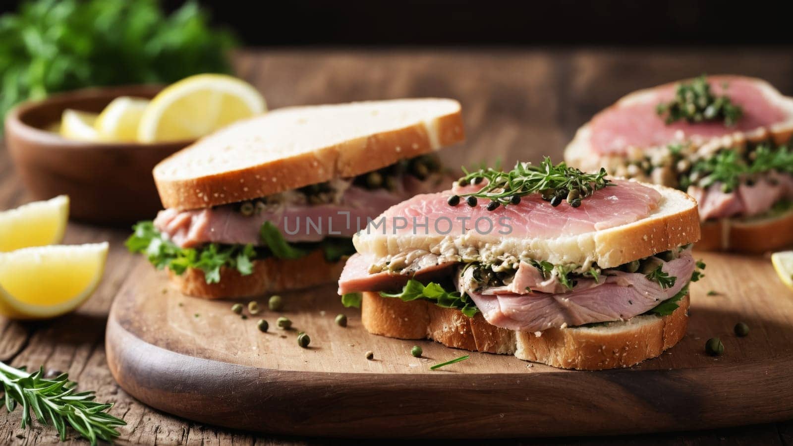 Savory sandwiches crafted with layers of succulent meats and vibrant greens, beautifully garnished with fresh herbs and lemon slices, all arranged on a warm wooden surface.