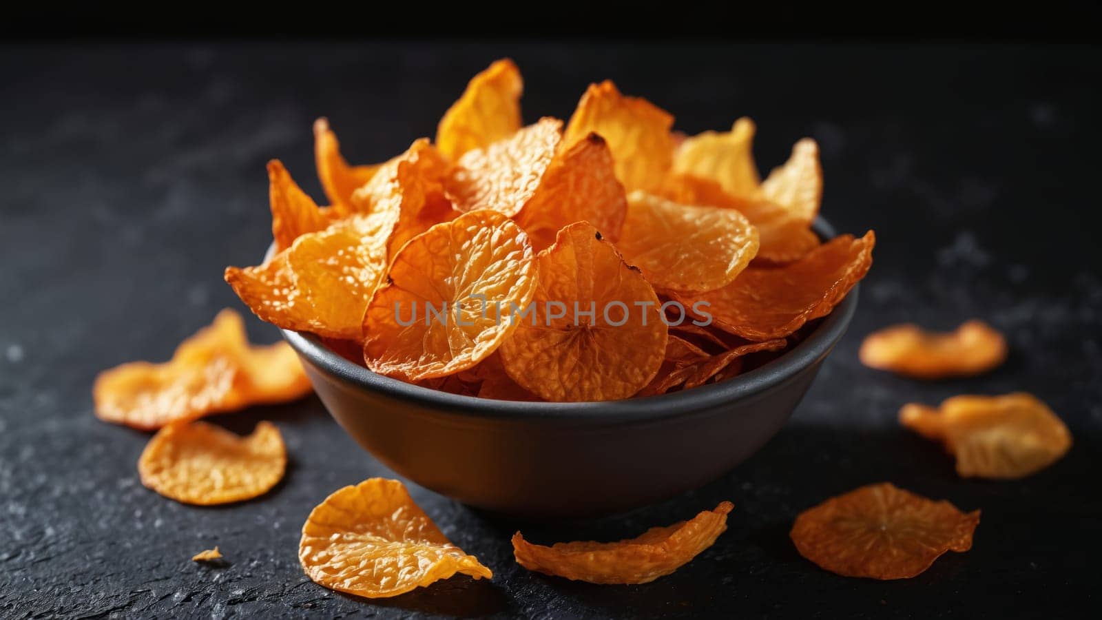 A bowl overflowing with bright, golden-orange crispy snacks catches the light, invitingly displayed on a textured surface. The contrast of colors highlights their crunchy allure.