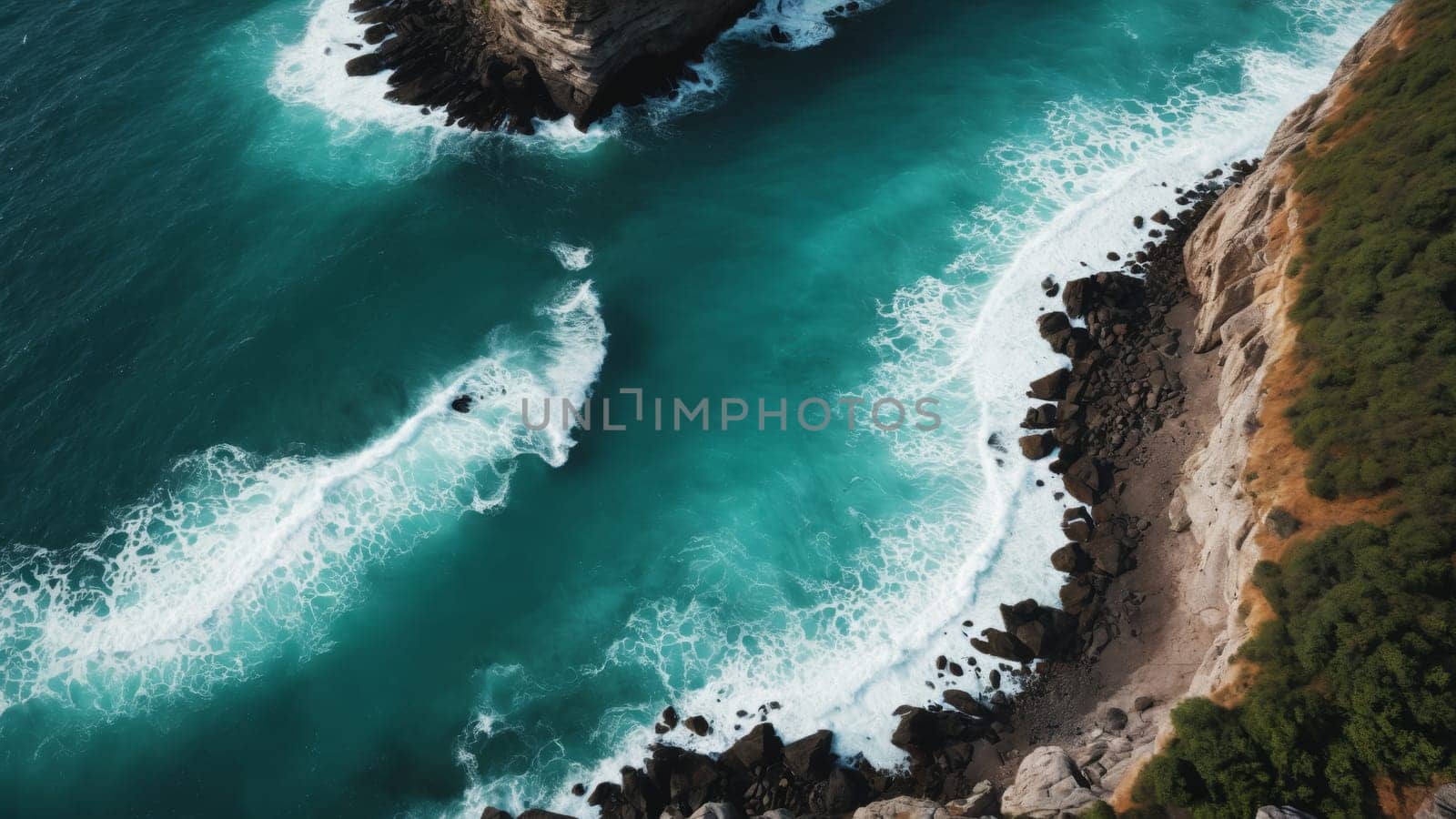 Bright turquoise waters roll gently toward rocky shores, where waves crash rhythmically against cliffs. Sunlight reflects off the ocean, creating a stunning contrast with the greenery above.