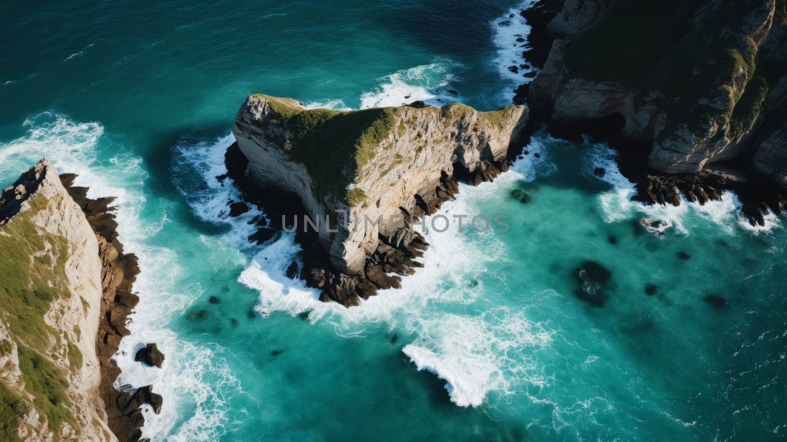 Bright turquoise waters roll gently toward rocky shores, where waves crash rhythmically against cliffs. Sunlight reflects off the ocean, creating a stunning contrast with the greenery above.