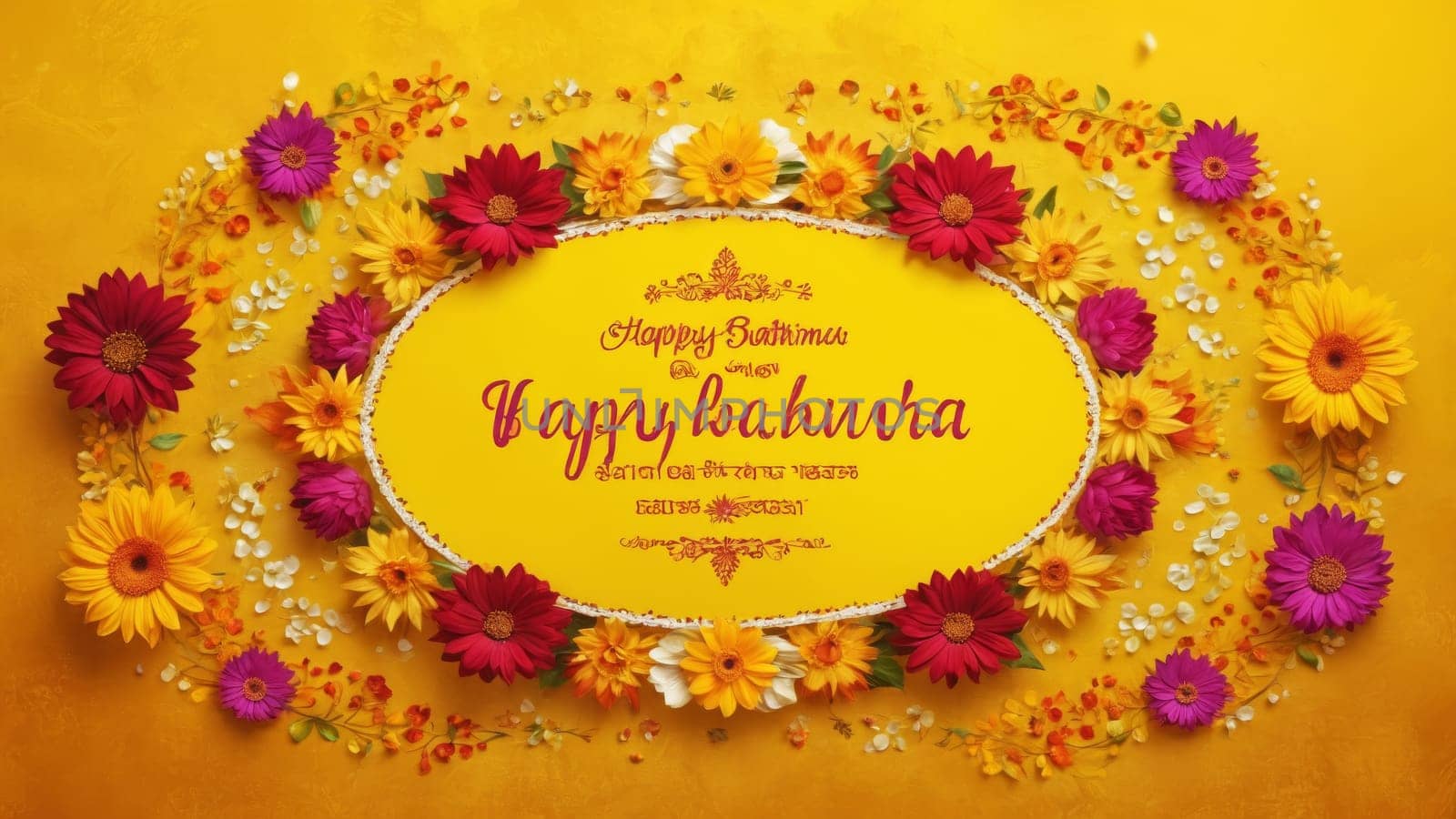 A bright yellow background showcases a beautiful floral design featuring vibrant flowers and heartfelt wishes for Baisakhi. The arrangement radiates joy, unity, and celebration.