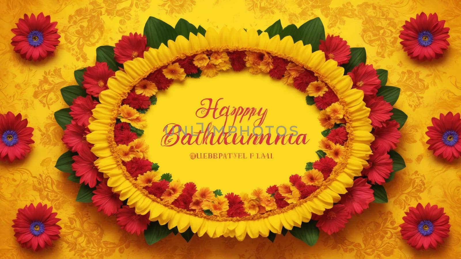 A bright yellow background showcases a beautiful floral design featuring vibrant flowers and heartfelt wishes for Baisakhi. The arrangement radiates joy, unity, and celebration.