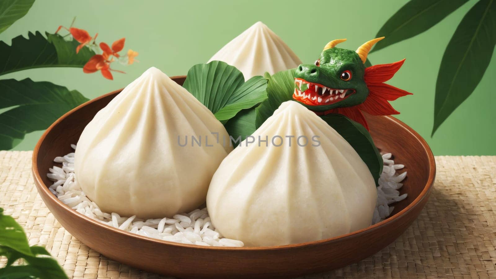 A delightful steamed bun smiles cheerfully, decorated with big eyes and playful features, resting on a bed of green leaves. This whimsical treat showcases culinary artistry.