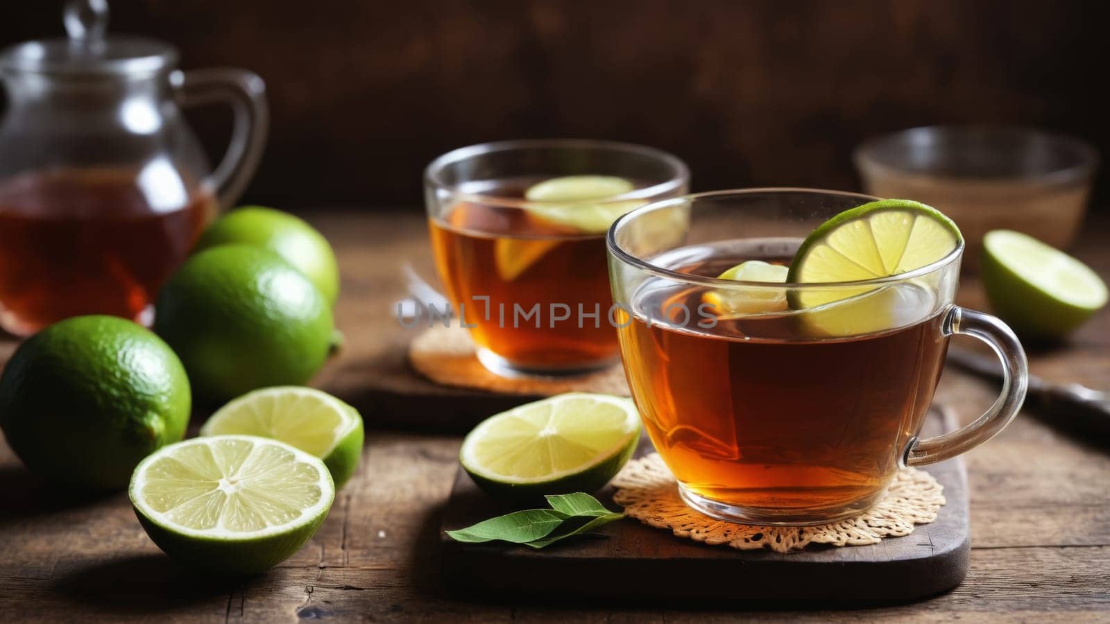 Two glasses of iced tea garnished with fresh lime slices rest on a wooden board, surrounded by vibrant limes. A perfect refreshment for a warm day with natural ambiance.