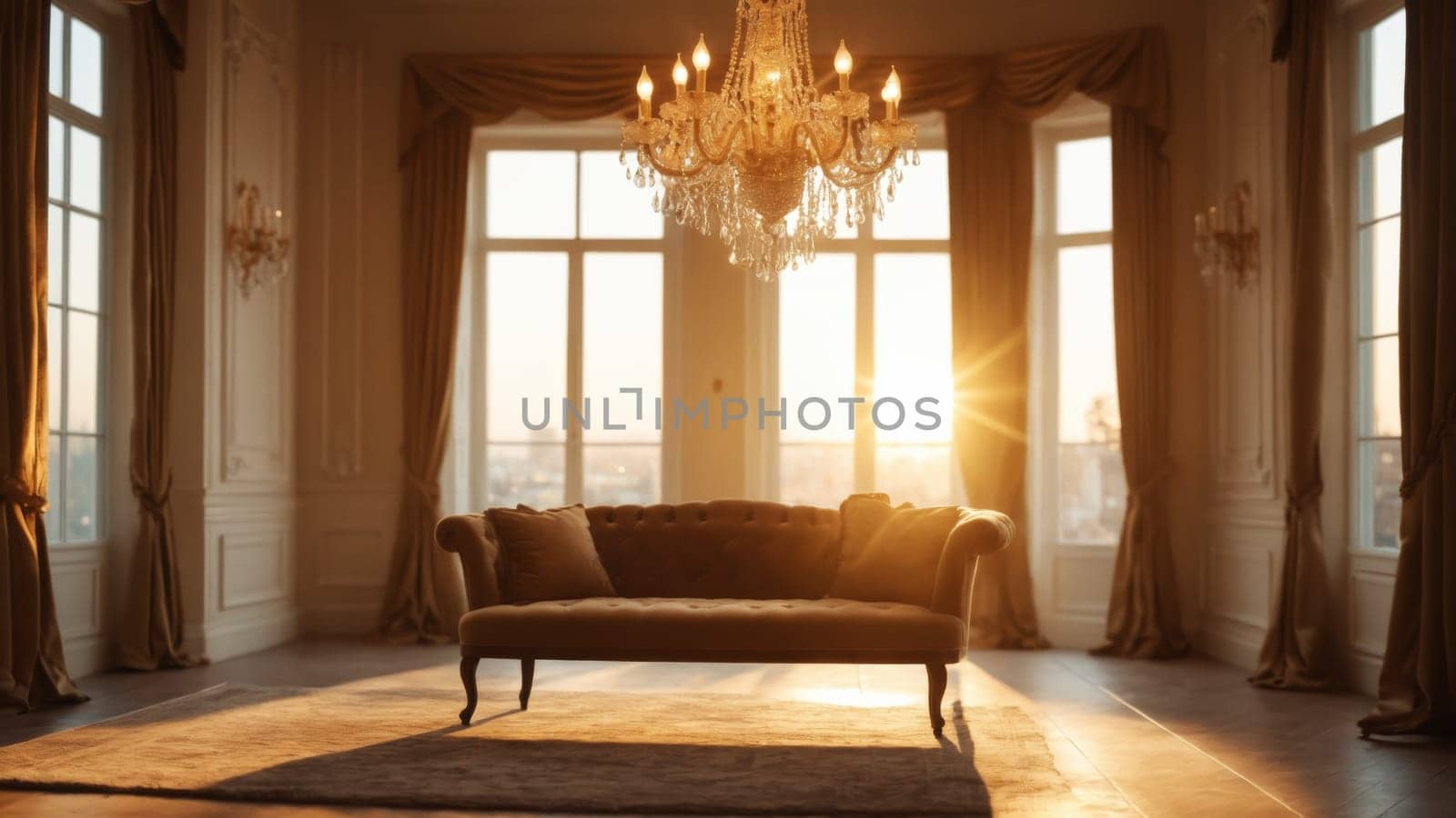 In a beautifully decorated living room, sunlight streams through grand windows, illuminating a plush sofa and ornate chandelier, creating a warm and inviting atmosphere perfect for relaxation.