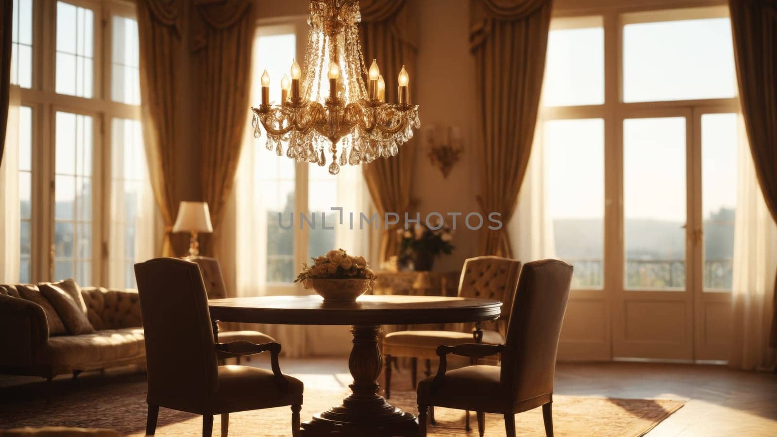 A beautifully crafted dining room features an ornate chandelier that glimmers in the warm sunlight. The space is adorned with vintage chairs, a polished table, and luxurious curtains.