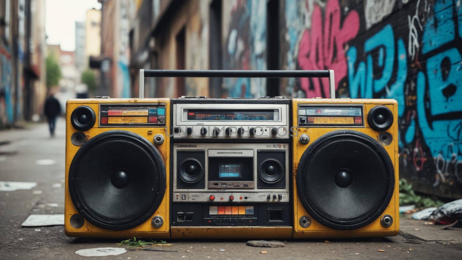The retro boombox, adorned with graffiti and bright yellow speakers, rests on the pavement, surrounded by vibrant street art that reflects the spirit of the neighborhood.