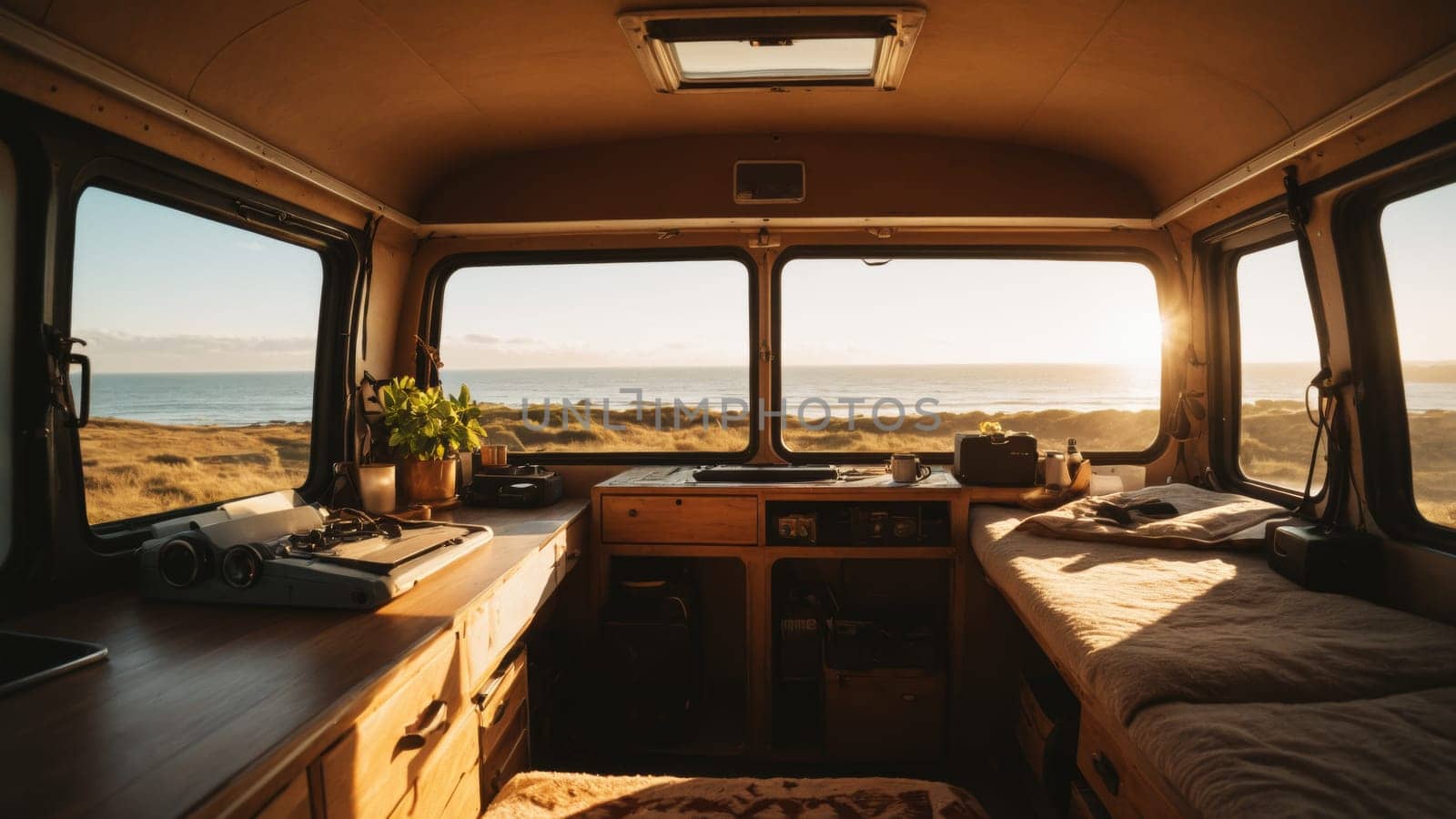 Warm sunlight fills the cozy interior of a van, creating a serene atmosphere. The stunning coastal landscape outside reveals gentle waves and vibrant colors as the day transitions to night.