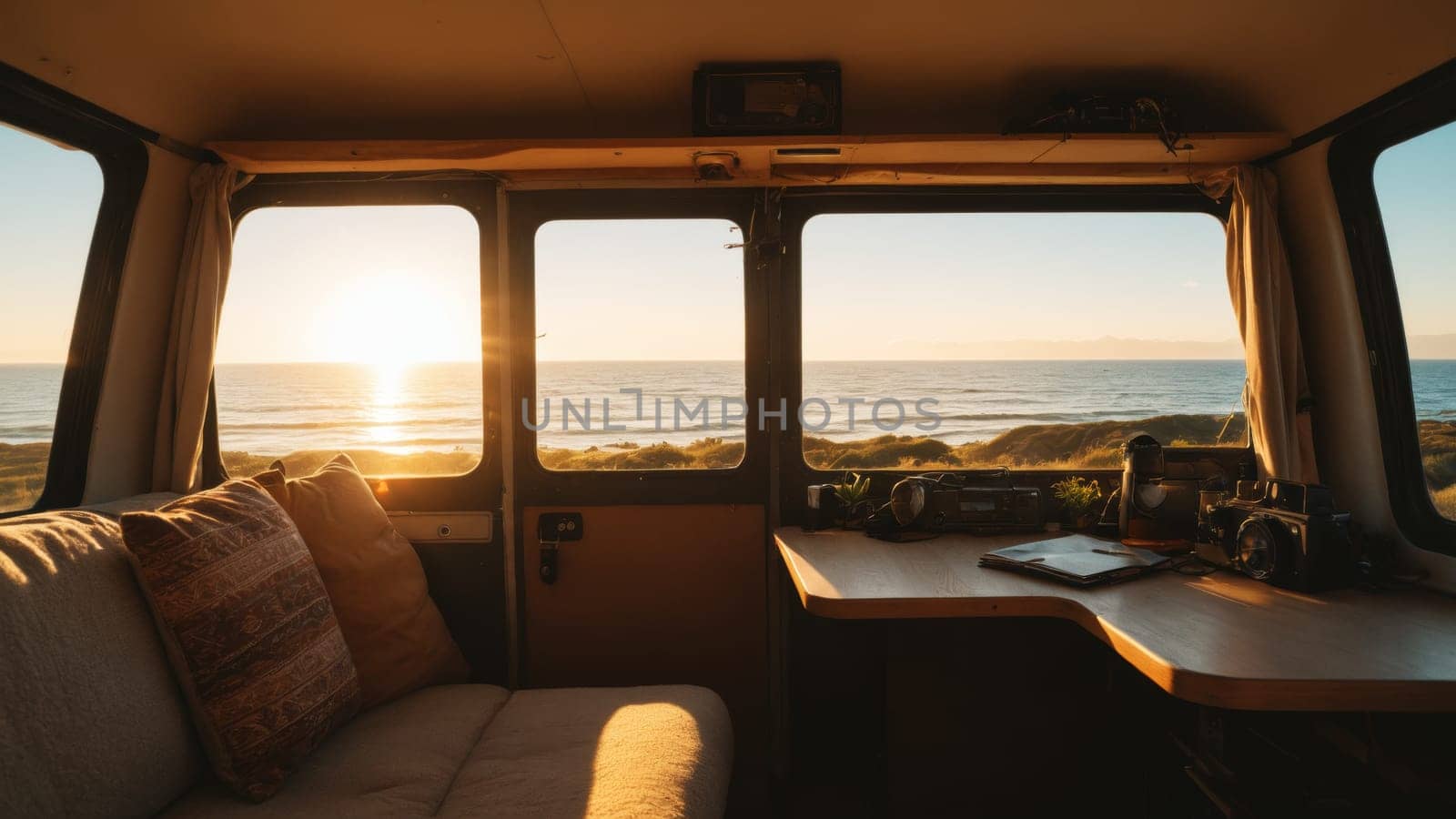 Nestled in a van with expansive windows, a serene workspace emerges, revealing the ocean at sunset. This tranquil space invites creativity and relaxation amidst nature's beauty.