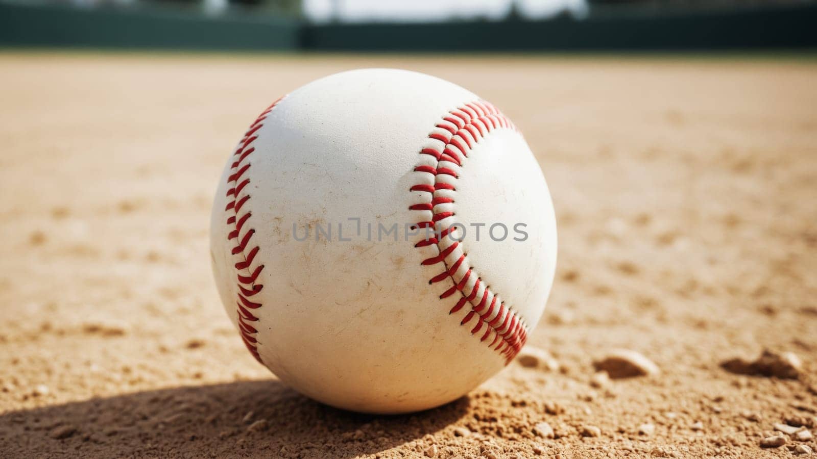 A well-used baseball sits on the infield dirt, illuminated by the warm evening sunlight, hinting at the anticipation of an exciting game to come as day turns to night.