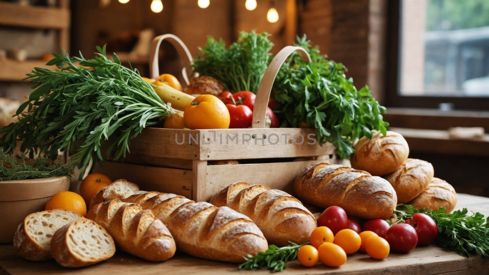 A charming assortment of freshly baked bread and colorful vegetables beautifully arranged in a rustic kitchen, illuminated by warm overhead lights, evoking a sense of home and comfort.