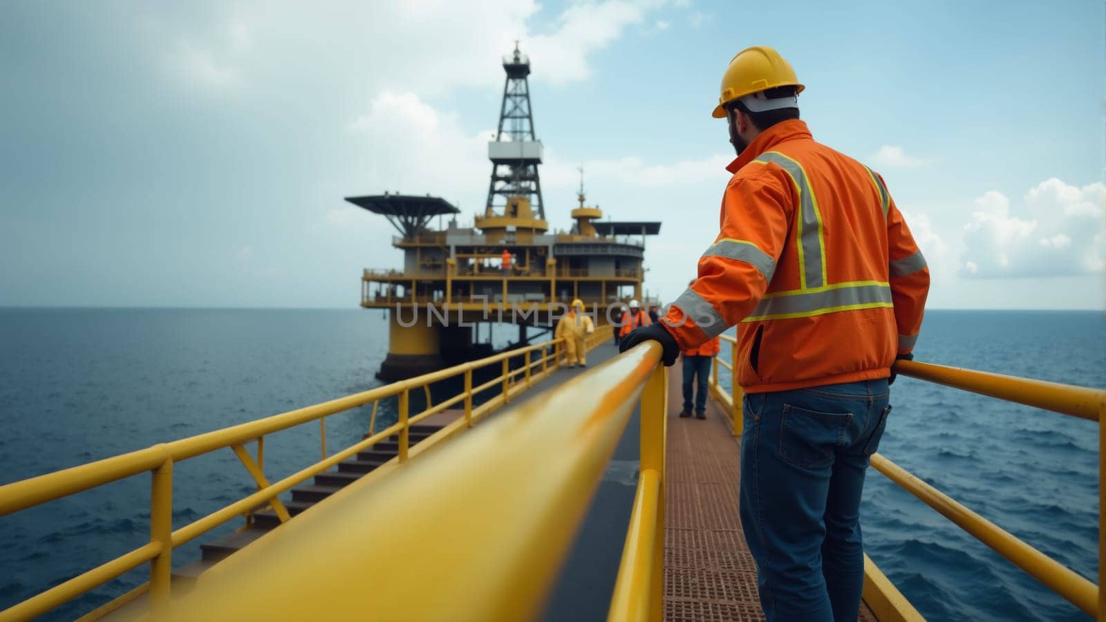 A group of workers in bright safety gear approaches an offshore oil rig, readying themselves for maintenance. The ocean stretches endlessly in the background as clouds gather above.