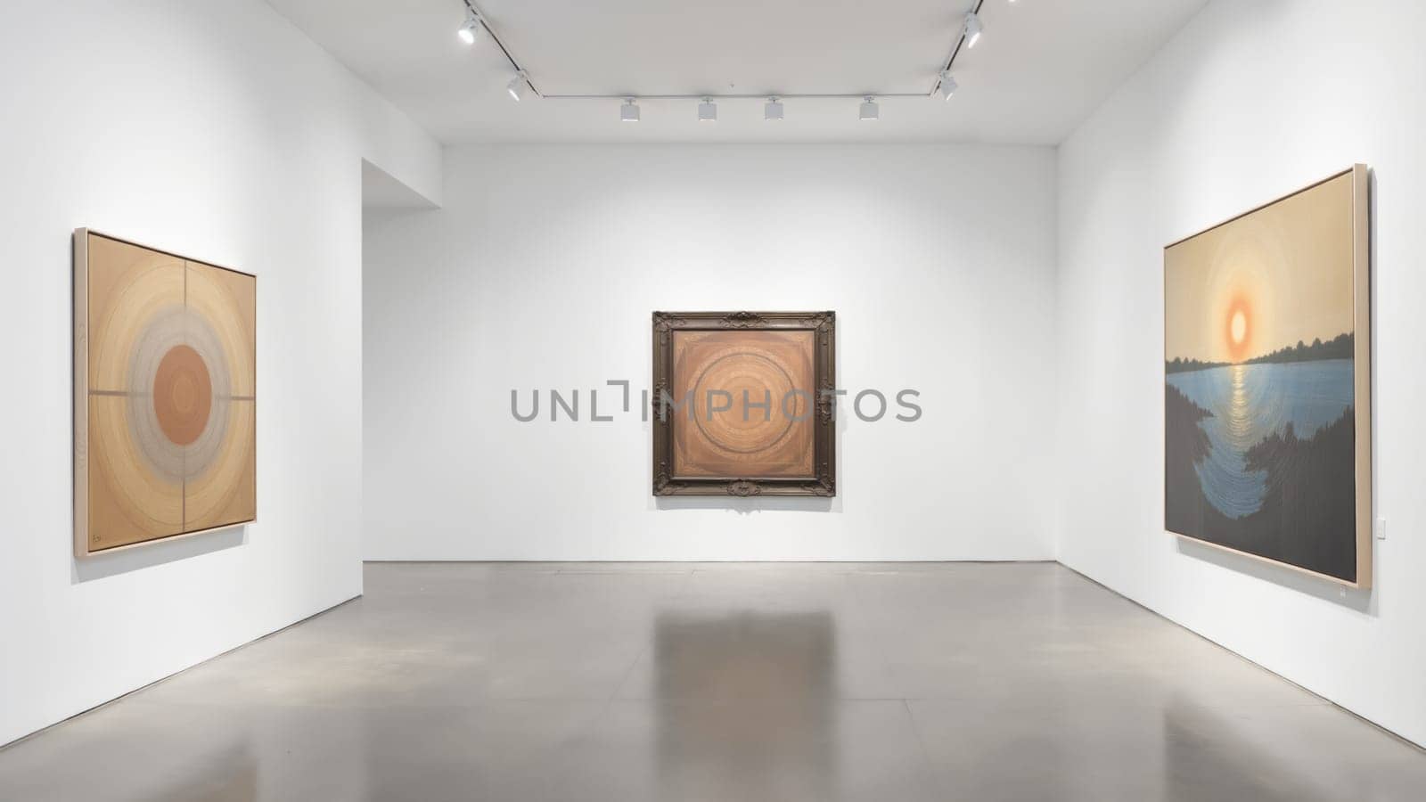 A gallery showcases abstract geometric artwork on its pristine white walls, inviting visitors to engage with a tranquil atmosphere. Sunlight streams through the space, enhancing the colors.