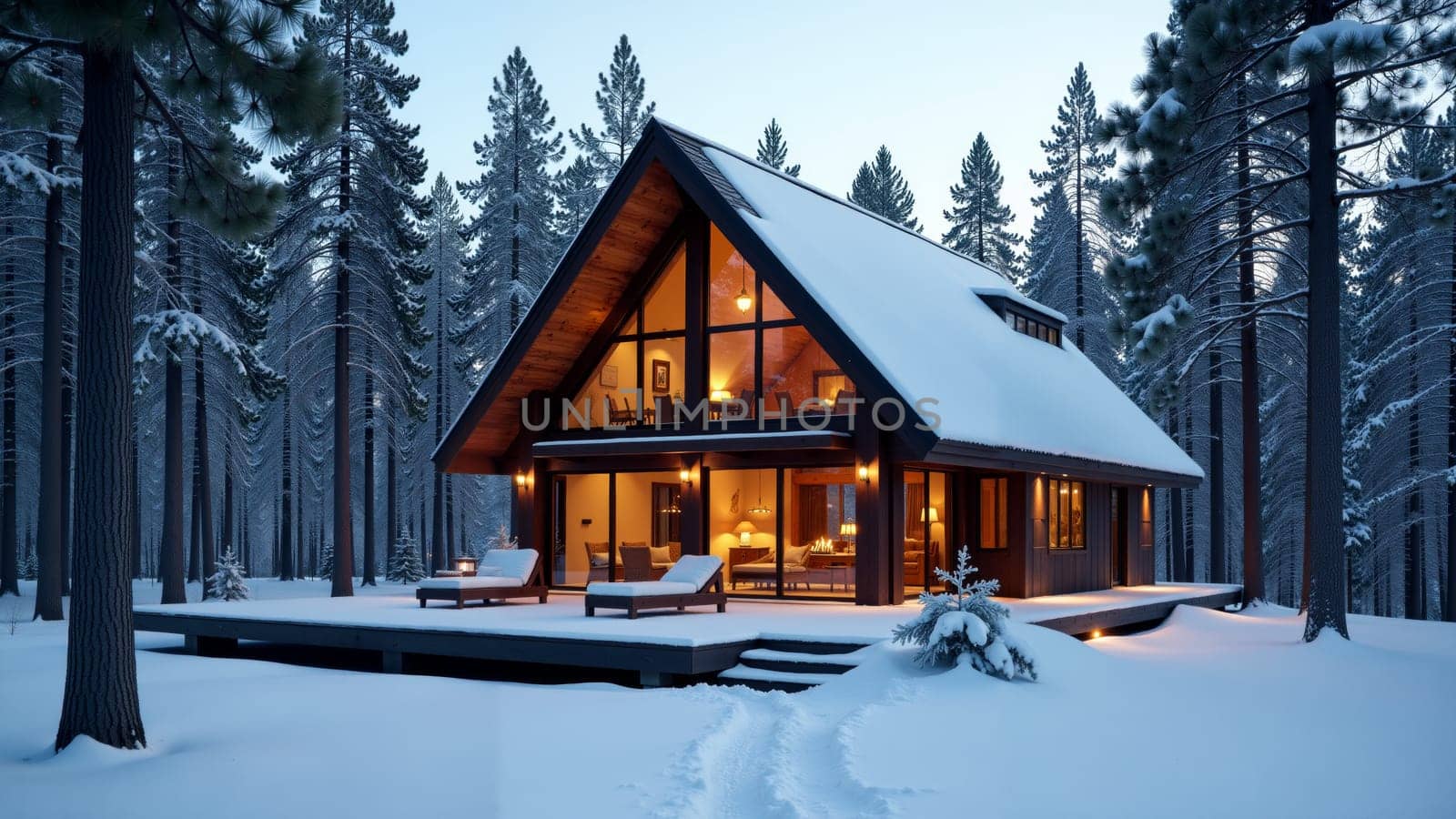 The peaceful wooden cabin glows warmly against the evening twilight, surrounded by a pristine snowy landscape. Tall pine trees frame the serene setting, inviting relaxation amidst nature.