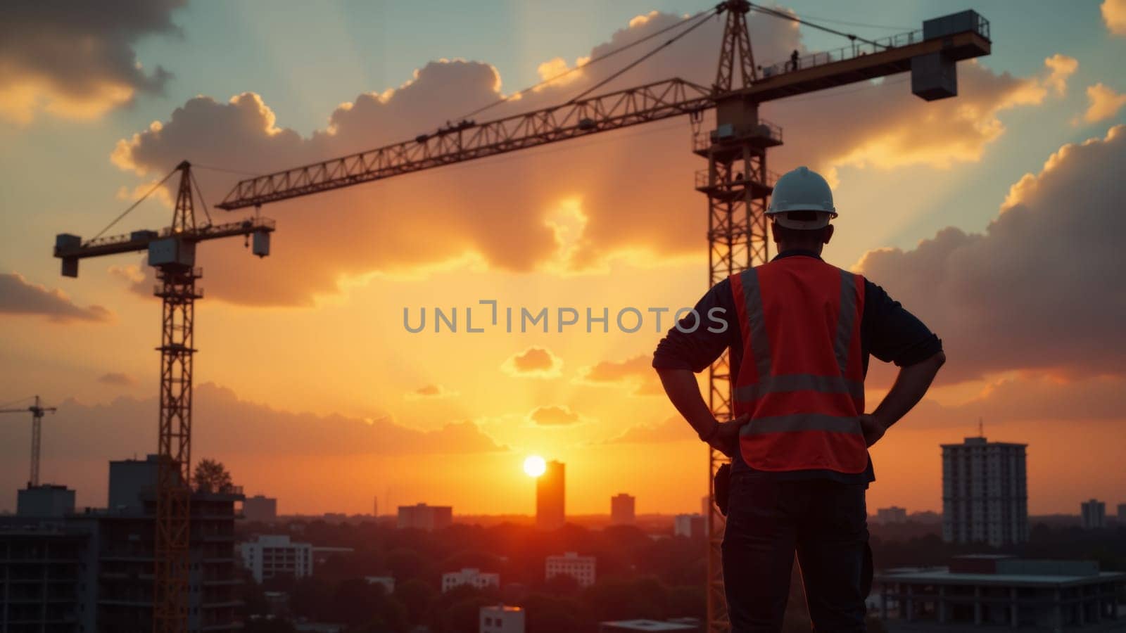 As the sun sets behind a vibrant skyline, a construction worker clad in safety gear stands confidently, observing the progress of towering cranes that outline the urban landscape.