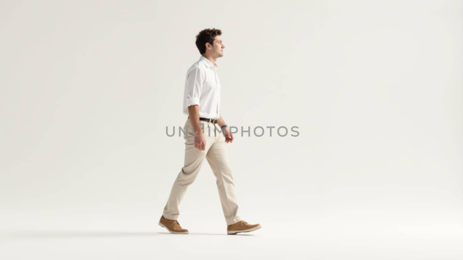 A confident man strides across a clean, minimalist backdrop, highlighting his stylish outfit and relaxed demeanor in soft, natural light, evoking a sense of calm and self-assuredness.