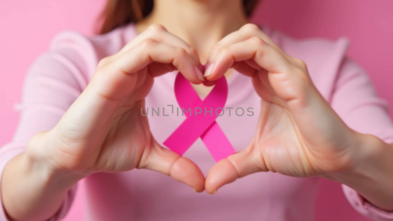 A person forms a heart shape with their hands, showcasing a pink ribbon between their fingers. This act conveys solidarity and support for breast cancer awareness, fostering a sense of community.