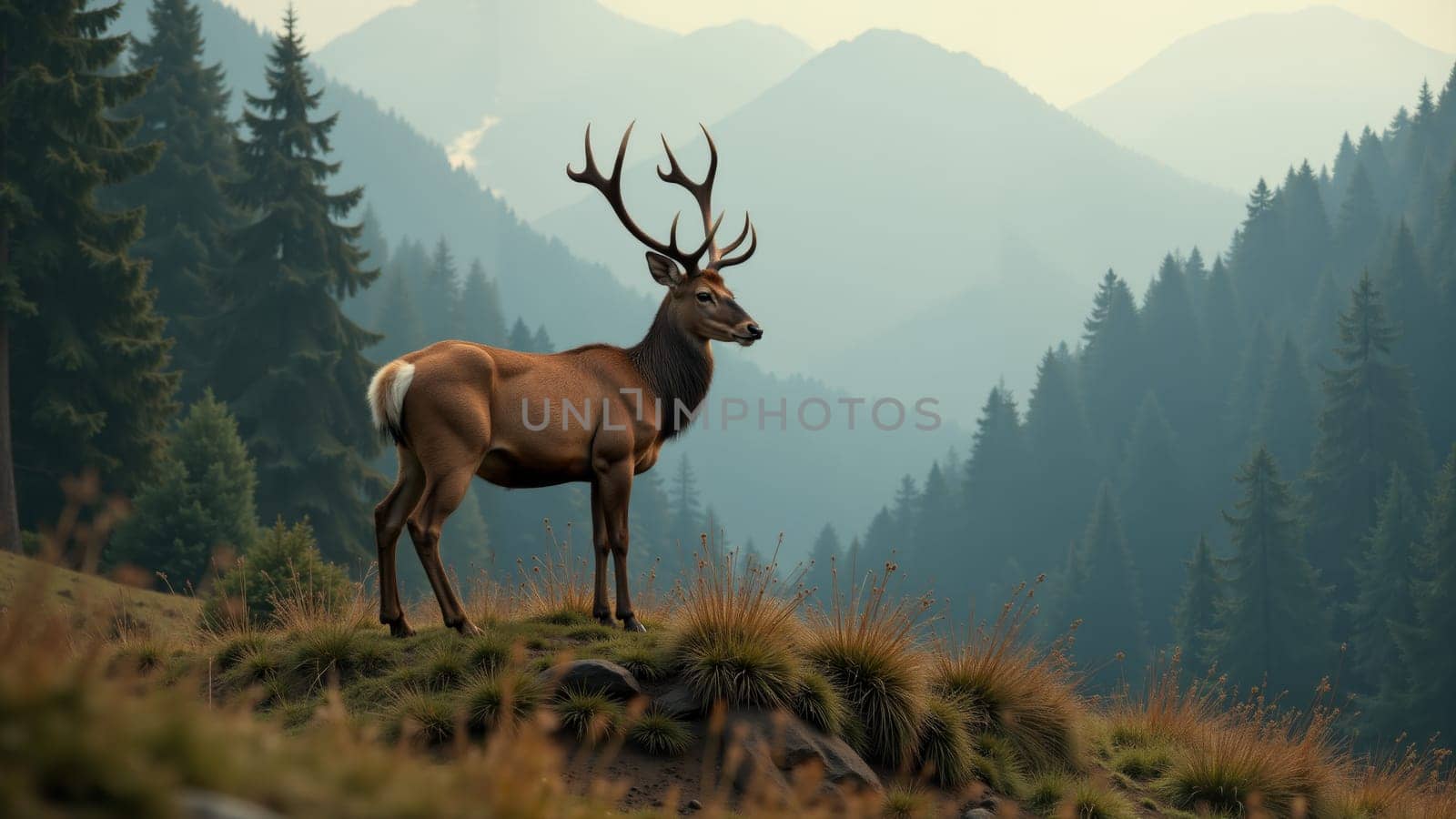A beautiful stag stands proudly on a hill, its antlers raised against a backdrop of towering pine trees and early morning mist. The serene atmosphere evokes a sense of tranquility in nature.