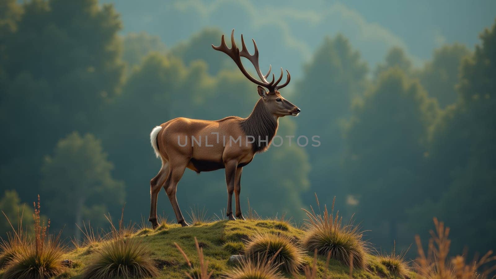 A beautiful stag stands proudly on a hill, its antlers raised against a backdrop of towering pine trees and early morning mist. The serene atmosphere evokes a sense of tranquility in nature.