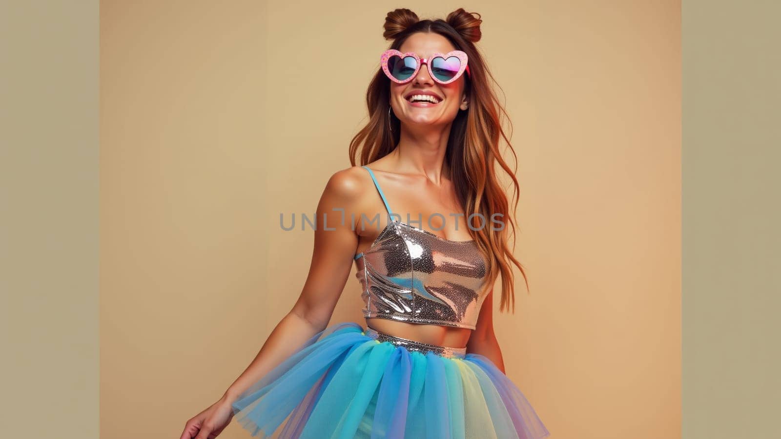 Dressed in a dazzling golden top and a vibrant tutu, a woman beams with happiness while wearing oversized sunglasses and festive party hats, radiating joy and excitement for the celebration ahead.