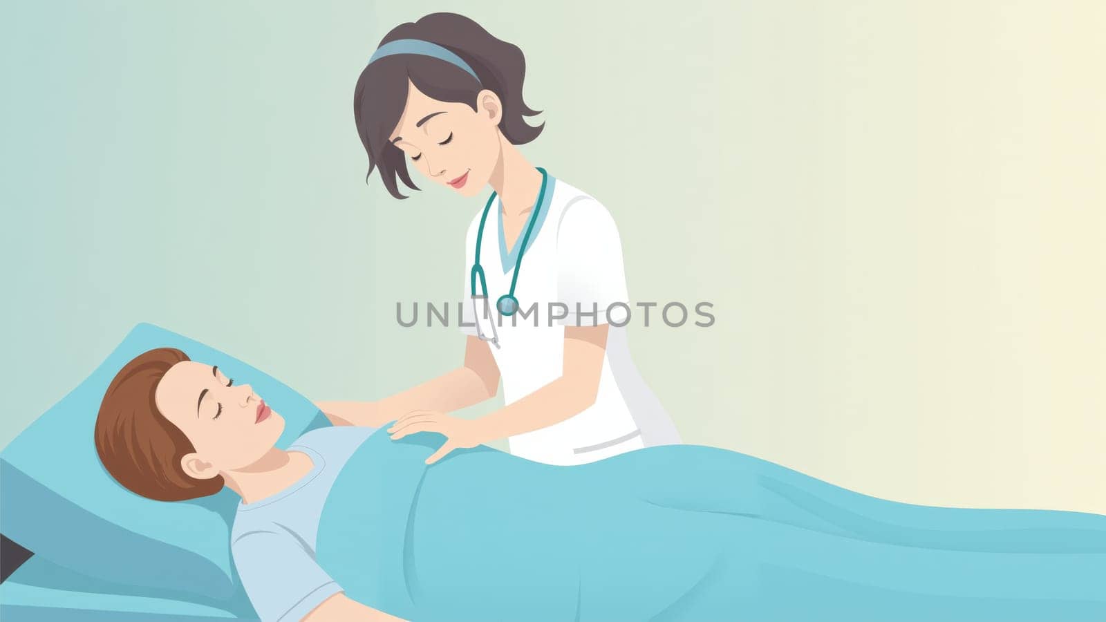 A compassionate nurse gently supports a patient lying in bed, providing comfort in a welcoming hospital environment filled with natural light, fostering a sense of calm during recovery.