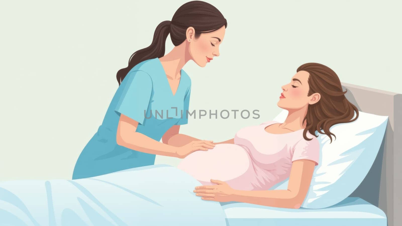A compassionate nurse gently supports a patient lying in bed, providing comfort in a welcoming hospital environment filled with natural light, fostering a sense of calm during recovery.