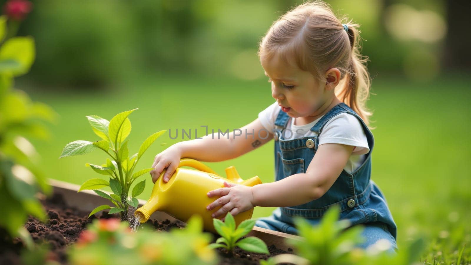 With joy on her face, a young girl gently waters lush green plants in her garden, surrounded by blooming flowers under the warm afternoon sun. This moment reflects her love for nature.