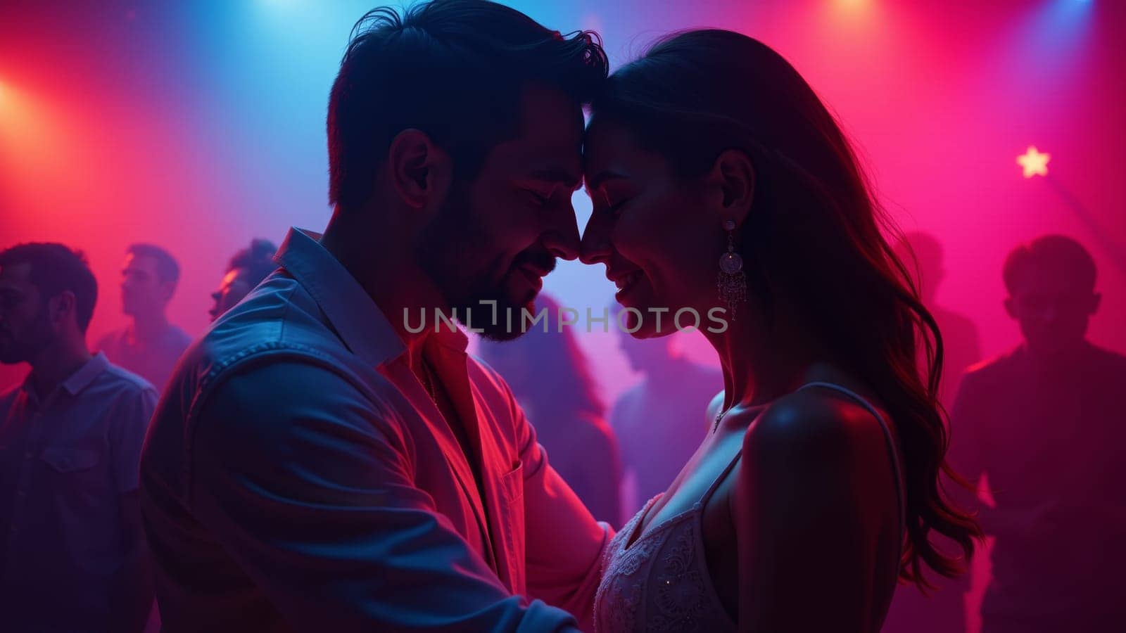 A couple sways closely together amidst a lively crowd in a nightclub, illuminated by vibrant, colorful lights. The atmosphere is electric, filled with laughter and music.
