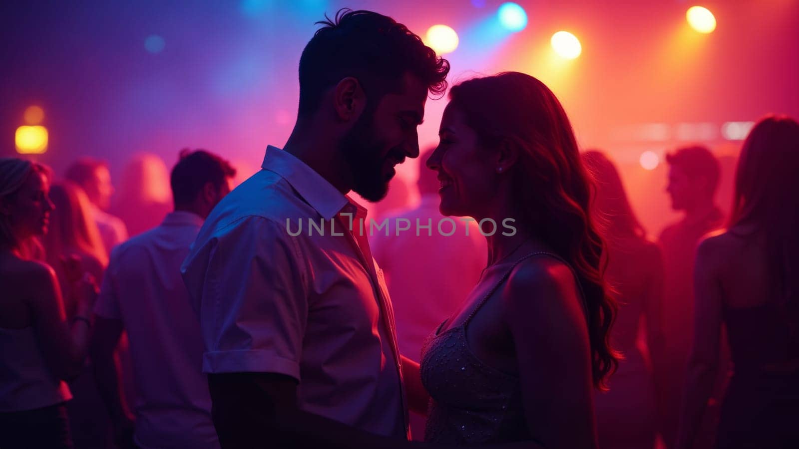 A couple sways closely together amidst a lively crowd in a nightclub, illuminated by vibrant, colorful lights. The atmosphere is electric, filled with laughter and music.