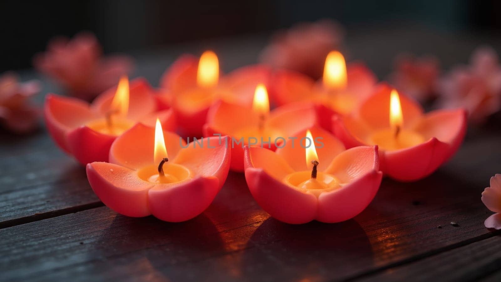 A beautiful lotus-shaped arrangement of candles casts a warm, inviting glow in the dim evening light, creating a tranquil atmosphere perfect for relaxation or meditation.