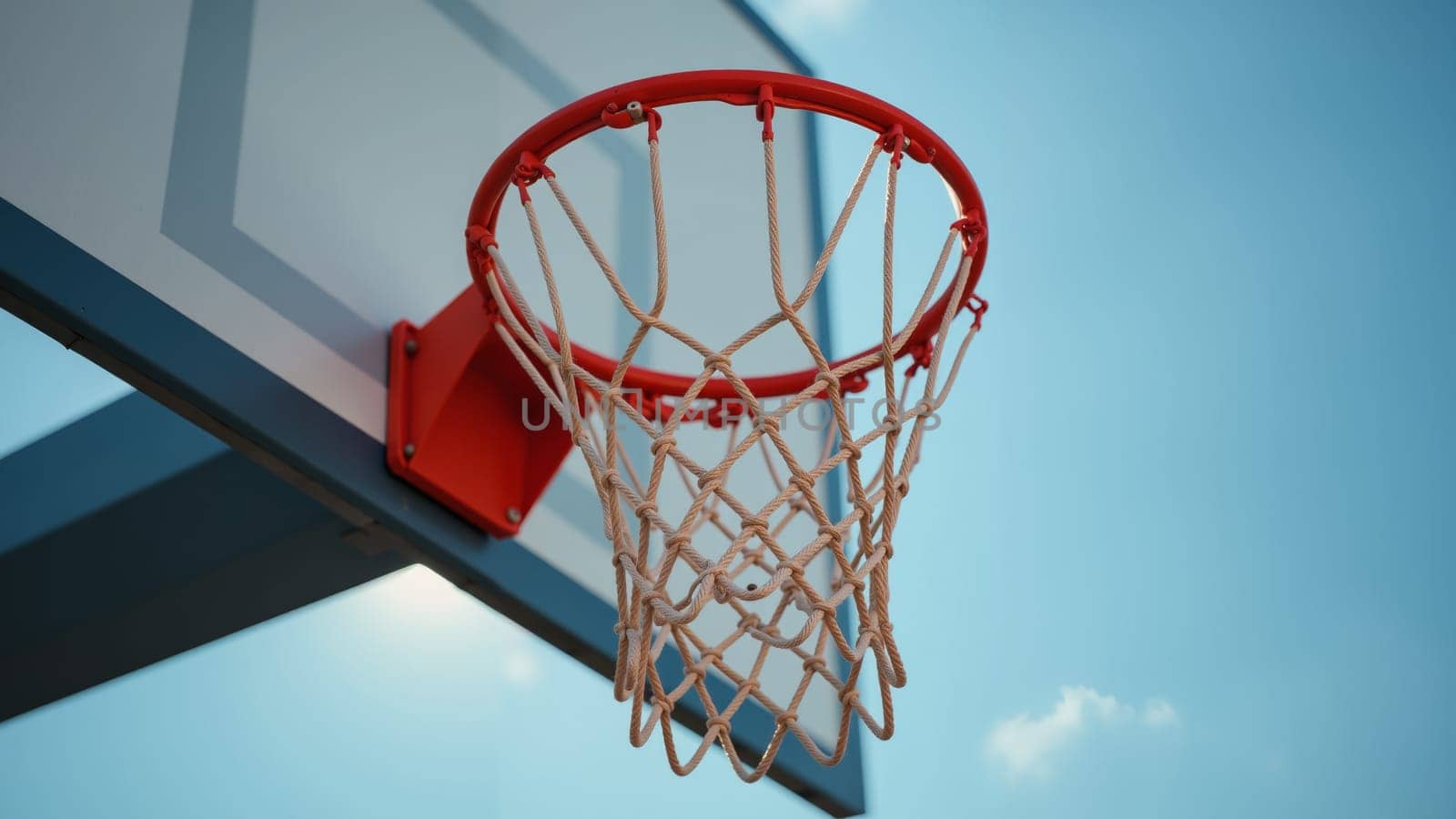 The bright basketball hoop hangs against a serene blue sky, its net gently swaying in the breeze, inviting players for a friendly match or practice on a warm afternoon.