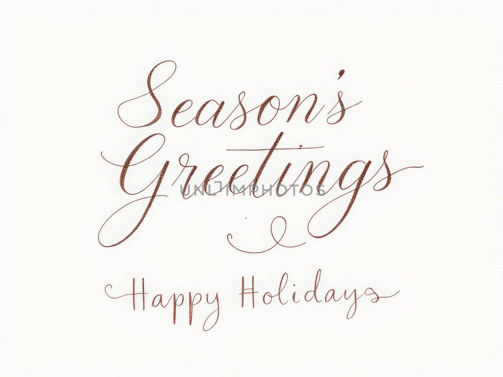 Festive copper calligraphy writing season's greetings and happy holidays on textured white background